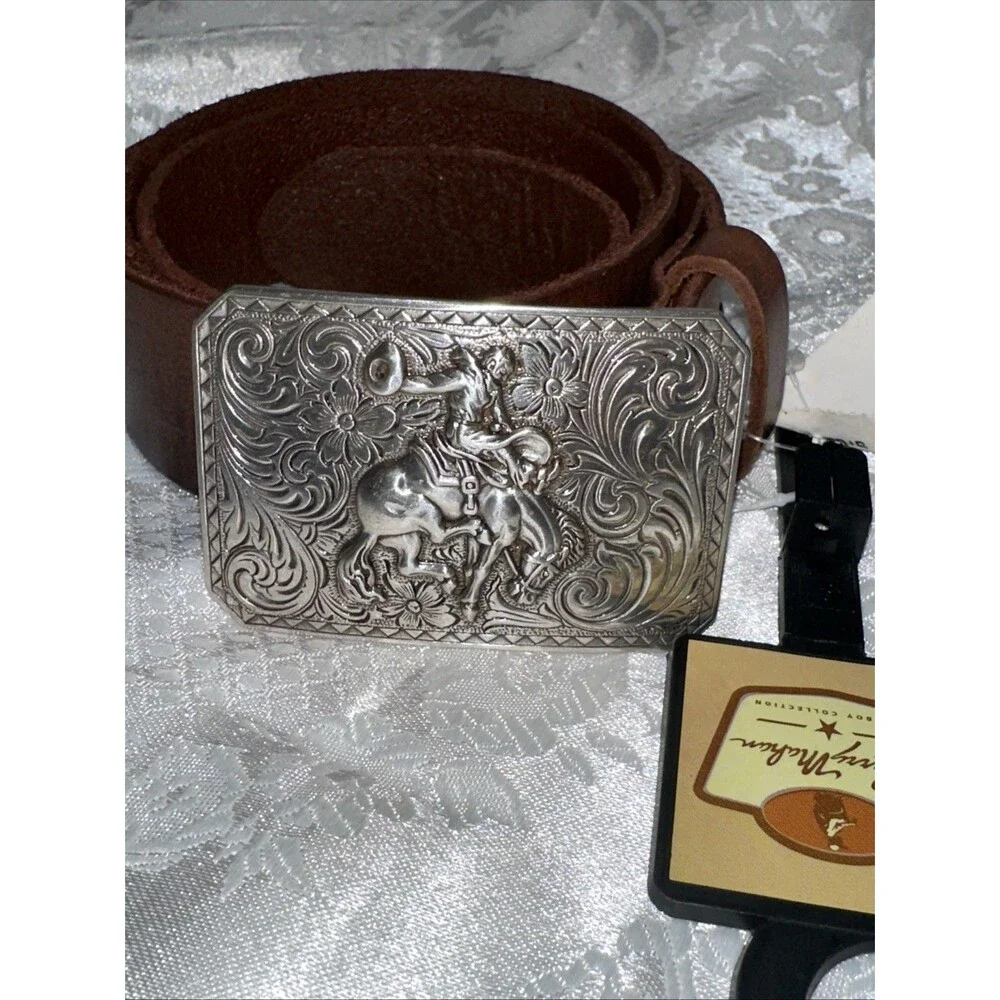 Larry Mayan SZ 8 Western Brown Leather Belt Bucking Bronco Buckle Mens